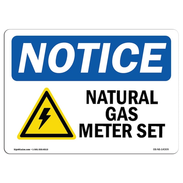 Safety Sign, OSHA Notice, 12" Height, 18" Width, Natural Gas Meter Set Sign With Symbol, Landscape
